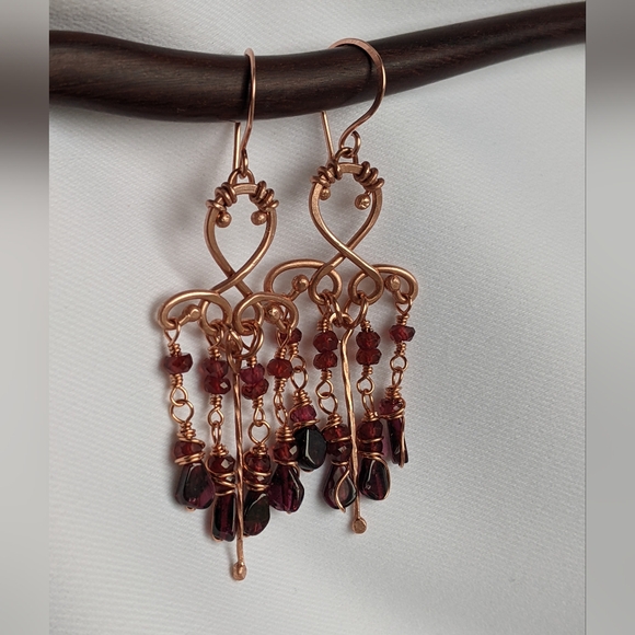 Handmade Garnet Chandelier Earrings Romantic Copper Jewelry - Picture 5 of 13